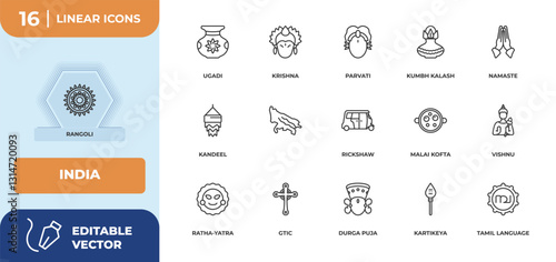 outline icons set - india concept. rangoli, ugadi and more.