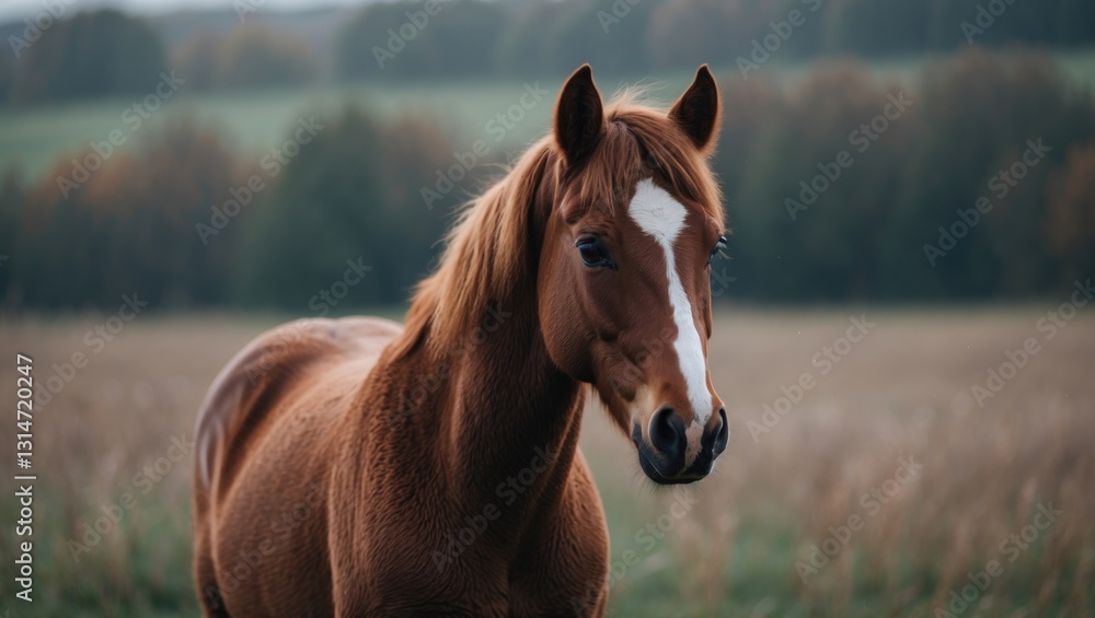 Fototapeta premium Selective focus image of a brown pony in the pasture.