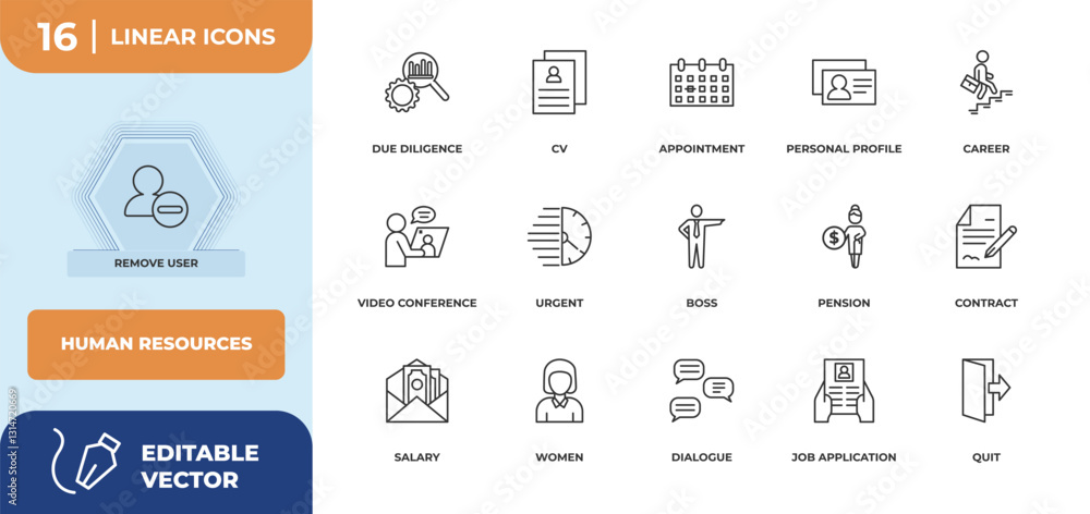outline icons set - human resources concept. remove user, due diligence and more. outline icons set - human resources concept. remove user, due diligence and more.