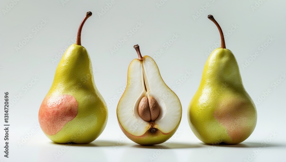 Ripe pears and a cross section of a pear with seeds displayed against a white background. Ripe pears and a cross section of a pear with seeds displayed against a white background.