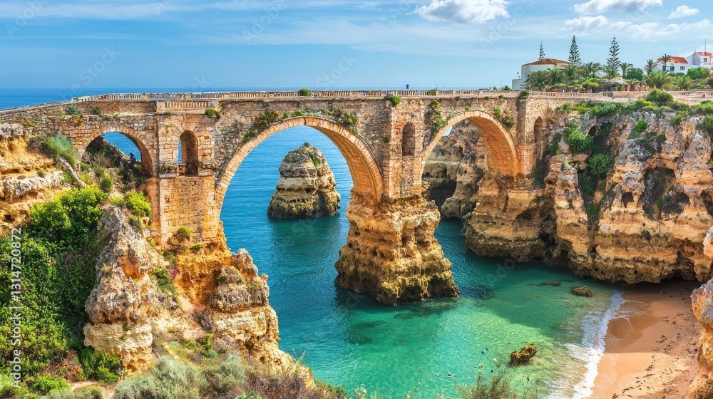 Coastal arch bridge, Algarve, Portugal, sunny day, beach Coastal arch bridge, Algarve, Portugal, sunny day, beach