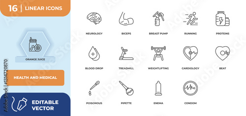 outline icons set - health and medical concept. orange juice, neurology and more.