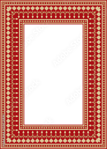 Vector gold with red square Turkish national ornament. Ottoman border, frame. Ethnic floral rectangle, Seljuk Turks pattern. Decoration of the Sultan's palaces