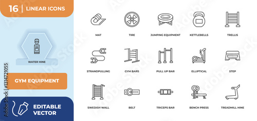 outline icons set - gym equipment concept. water hine, mat and more.