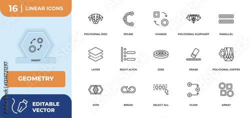 outline icons set - geometry concept. insert, polygonal dog and more.