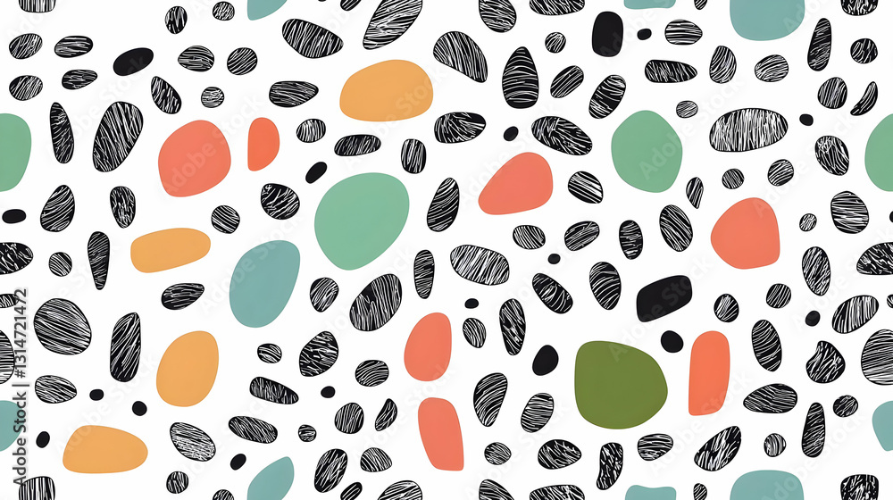 Fototapeta premium Seamless Abstract Pattern With Colorful Pastel Spots And Black Scribbles On White Background