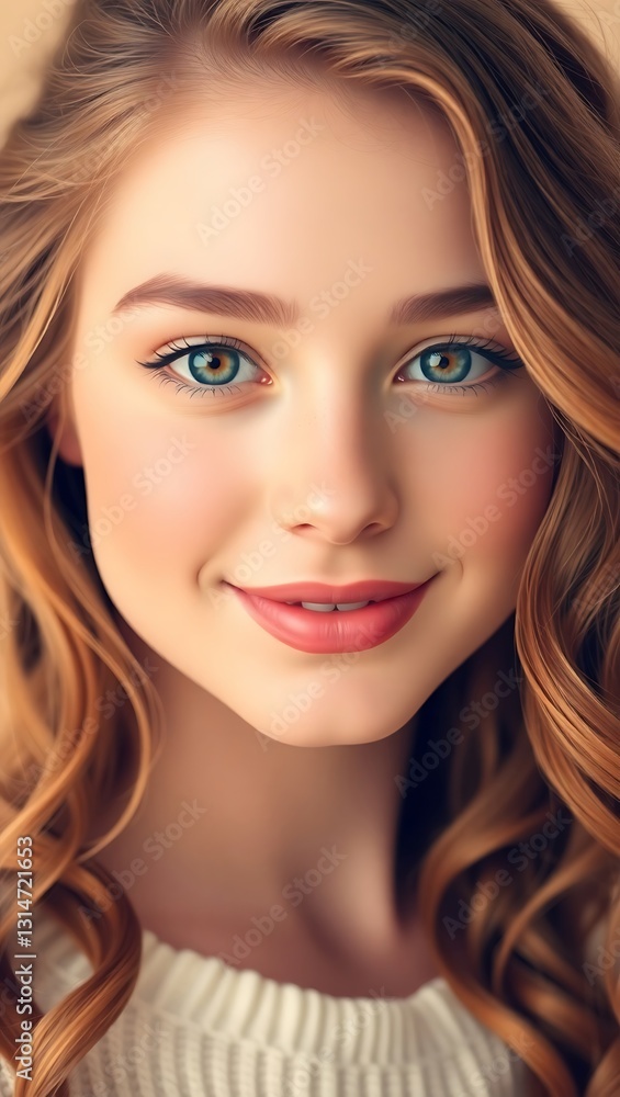 Obraz premium Close-up portrait of a smiling woman with curly hair. Possible use Beauty product advertising