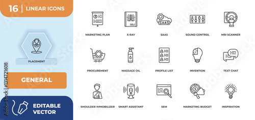 outline icons set - general concept. placement, marketing plan and more.