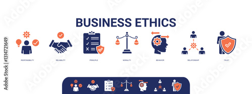 Business ethics icon vector illustration banner web concept with icon of attitude, relationship, reliability, morality, choice, business law and agreement
