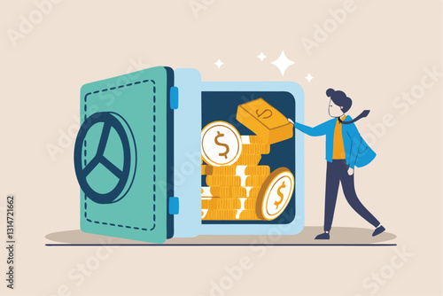 Alternative financial assets, crypto currency bitcoin, cash and gold for investment retirement plan concept, businessman investor standing with security safe with full of cash, gold and bitcoin inside