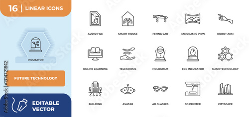 outline icons set - future technology concept. incubator, audio file and more.