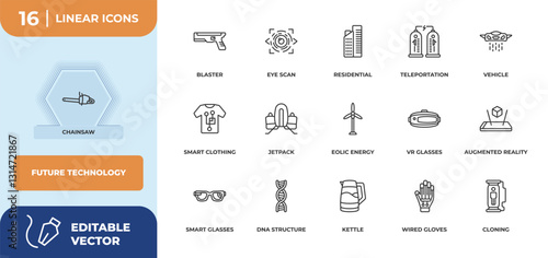 outline icons set - future technology concept. chainsaw, blaster and more.