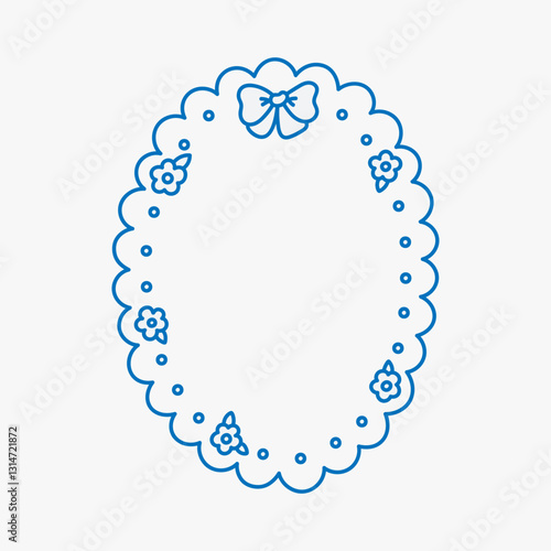 Coquette frame decorated of blue bow, small cute flowers, dots. Spring or summer oval border with ruffle. Vintage whimsical background for greeting cards, wedding, invitations, social media