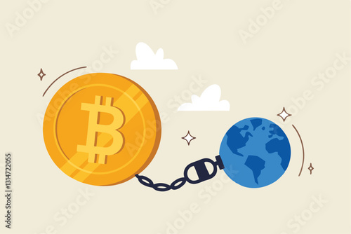 Cryptocurrency sustainability problem, bitcoin and crypto currency mining energy consumption not environment friendly concept, Big bitcoin with electric plug sucking energy from planet earth.