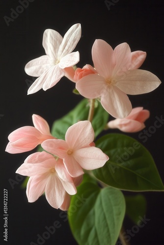 Captivating beauty of delicate pink flowers with lush green leaves against a stark black background evoking serenity and natural elegance in a botanical composition
