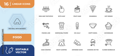 outline icons set - food concept. rice ball with seaweed, dish and toothpick and more.