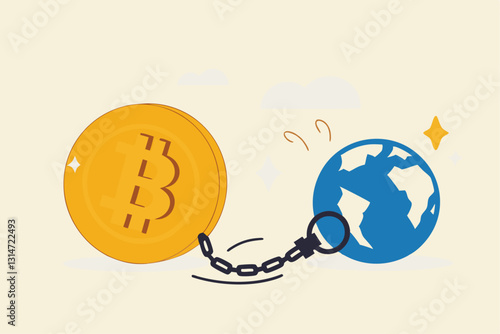 Cryptocurrency sustainability problem, bitcoin and crypto currency mining energy consumption not environment friendly concept, Big bitcoin with electric plug sucking energy from planet earth.