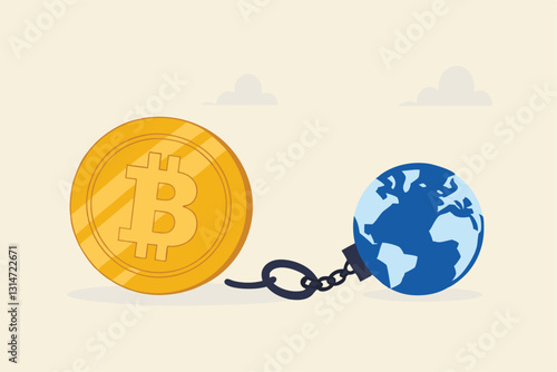 Cryptocurrency sustainability problem, bitcoin and crypto currency mining energy consumption not environment friendly concept, Big bitcoin with electric plug sucking energy from planet earth.