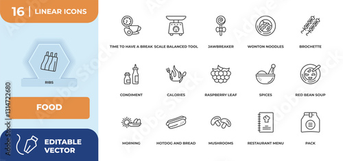 outline icons set - food concept. ribs, time to have a break and more.