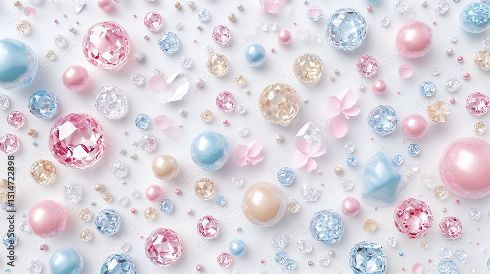 Pastel gems scattered on white surface, creating background for design or decoration Pastel gems scattered on white surface, creating background for design or decoration