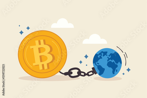 Cryptocurrency sustainability problem, bitcoin and crypto currency mining energy consumption not environment friendly concept, Big bitcoin with electric plug sucking energy from planet earth.