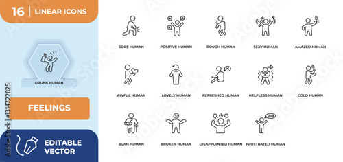 outline icons set - feelings concept. drunk human, sore human and more.
