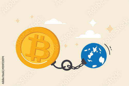 Cryptocurrency sustainability problem, bitcoin and crypto currency mining energy consumption not environment friendly concept, Big bitcoin with electric plug sucking energy from planet earth.