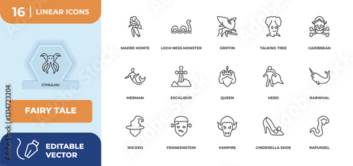 outline icons set - fairy tale concept. cthulhu, madre monte and more.