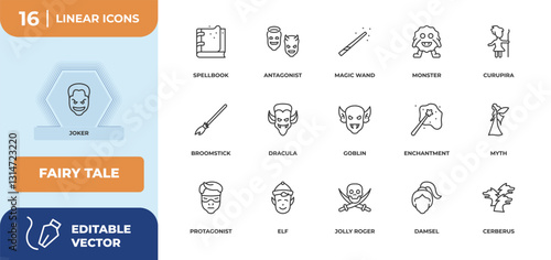 outline icons set - fairy tale concept. joker, spellbook and more.