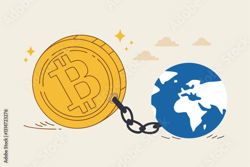 Cryptocurrency sustainability problem, bitcoin and crypto currency mining energy consumption not environment friendly concept, Big bitcoin with electric plug sucking energy from planet earth.