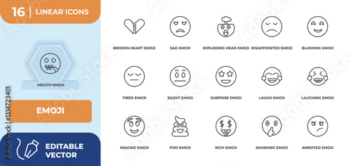 outline icons set - emoji concept. -mouth emoji, broken heart emoji and more.