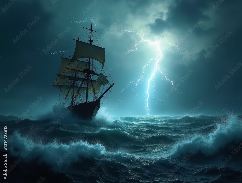 Pirate Ship Battling a Stormy Sea with Lightning Pirate Ship Battling a Stormy Sea with Lightning