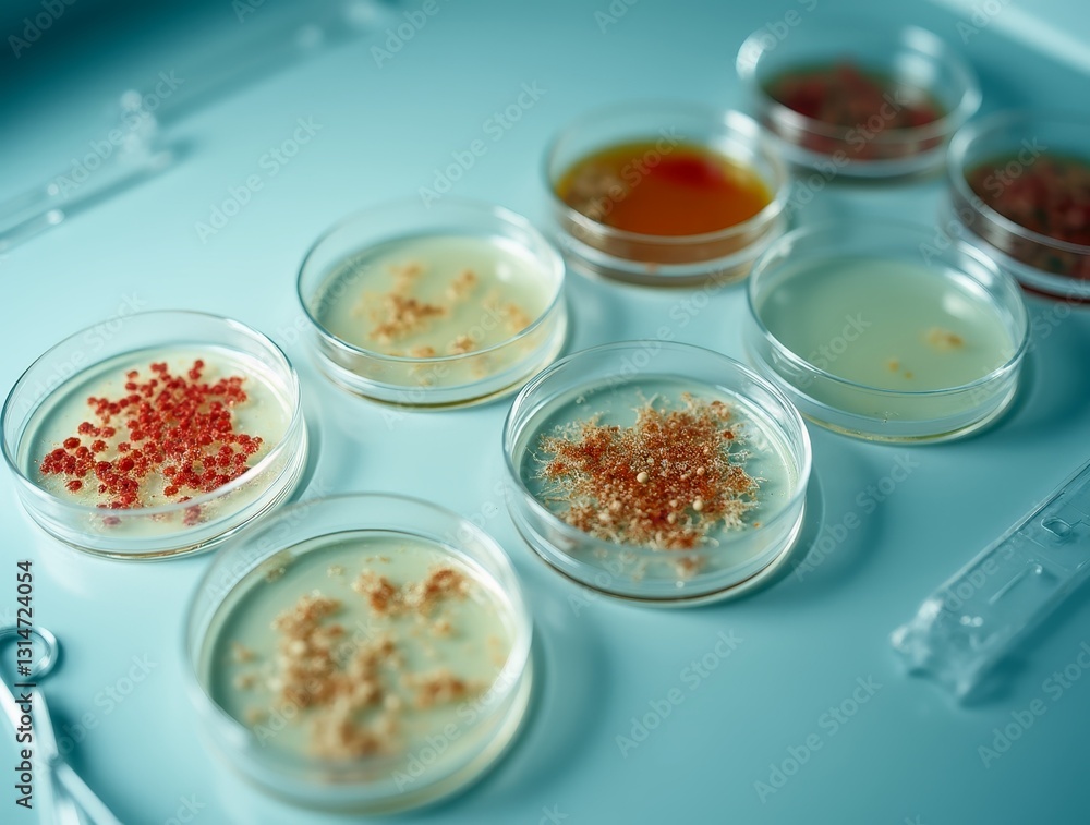 Petri dishes containing different bacterial and fungal cultures growing on agar plates