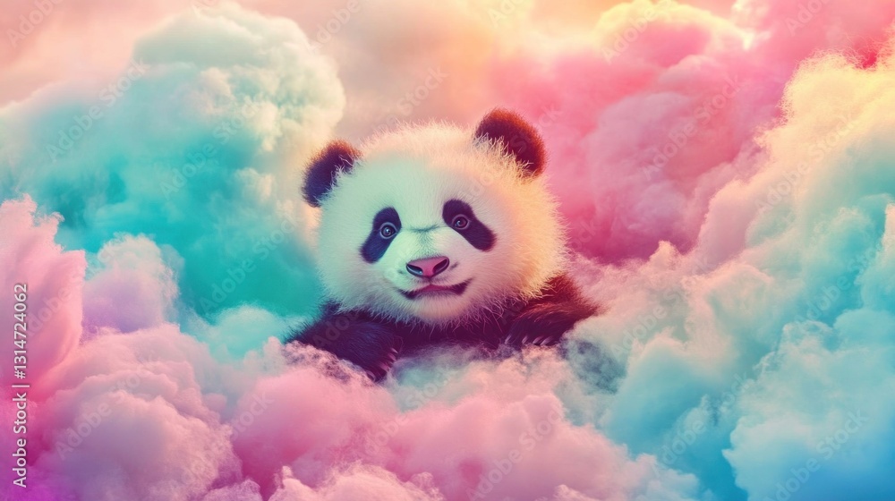 A cute panda emerging from colorful, fluffy clouds, creating a whimsical and dreamy scene. A cute panda emerging from colorful, fluffy clouds, creating a whimsical and dreamy scene.
