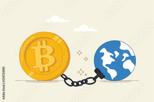 Cryptocurrency sustainability problem, bitcoin and crypto currency mining energy consumption not environment friendly concept, Big bitcoin with electric plug sucking energy from planet earth.