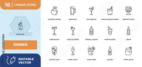 outline icons set - drinks concept. smoothie, coconut drink and more.