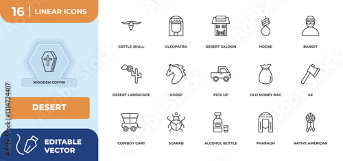 outline icons set - desert concept. wooden coffin, cattle skull and more.