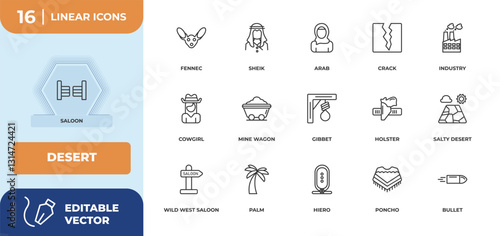 outline icons set - desert concept. saloon, fennec and more.