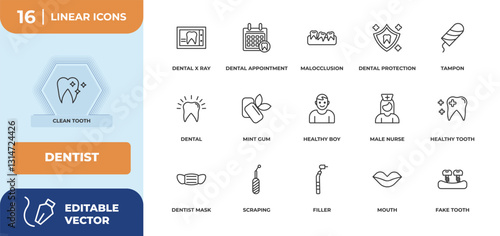 outline icons set - dentist concept. clean tooth, dental x ray and more.