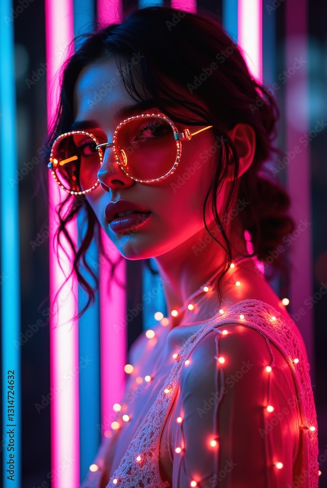 Fototapeta premium Fashion model posing with neon lights and string lights