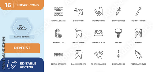 outline icons set - dentist concept. partial denture, lingual braces and more.
