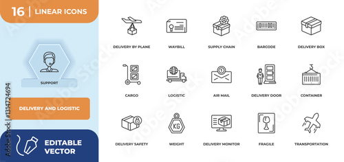 outline icons set - delivery and logistic concept. support, delivery by plane and more.