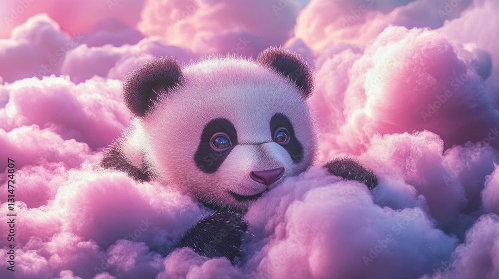 A cute panda resting in fluffy pink clouds, evoking a dreamy and whimsical atmosphere. A cute panda resting in fluffy pink clouds, evoking a dreamy and whimsical atmosphere.