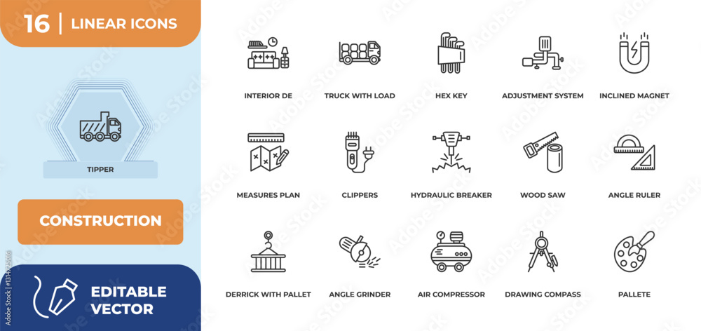 Naklejka premium outline icons set - construction concept. tipper, interior de and more.
