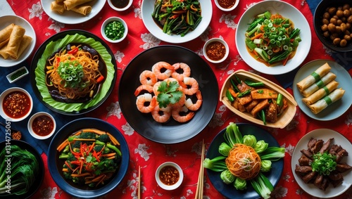 Assorted well-liked dishes for dinner gathering.