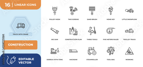 outline icons set - construction concept. truck with crane, pulley hook and more.