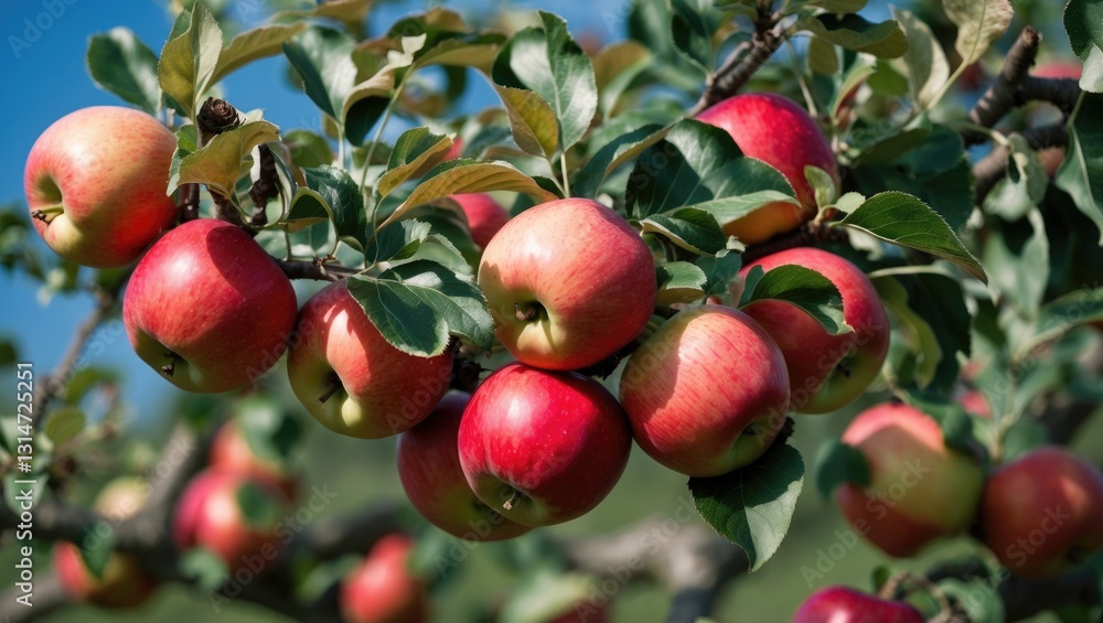 Ripe Red Apples on Tree Branch - Fresh Organic Fruit Gathering Beneath a Bright Blue Sky Ripe Red Apples on Tree Branch - Fresh Organic Fruit Gathering Beneath a Bright Blue Sky