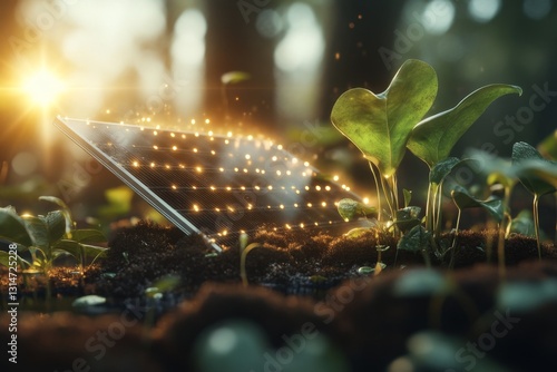 A magical solar panel glowing with golden energy, set in an enchanted forest where the sun rays are visible as beams of light connecting to the panel photo