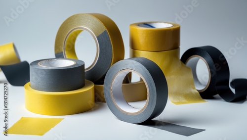 Scotch tape in yellow, gray, and black shades, set against a white background. photo