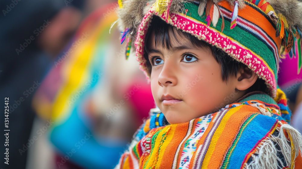 A photo of a young Quechua boy wearing a traditional poncho and headdress, watching the Inti Raymi Festival with admiration A photo of a young Quechua boy wearing a traditional poncho and headdress, watching the Inti Raymi Festival with admiration